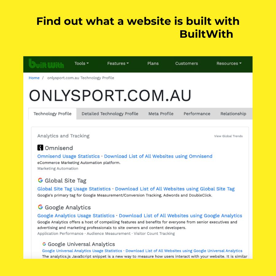 Find out what a website is built with BuiltWith example