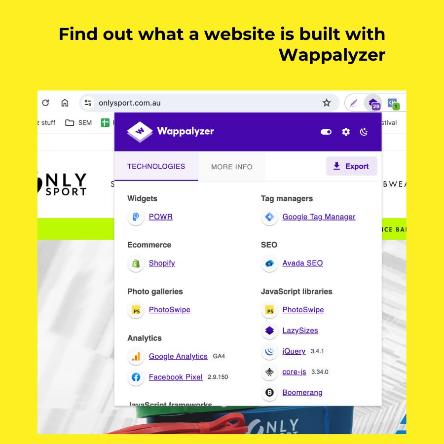 Find out what a website is built with Wappalyzer example